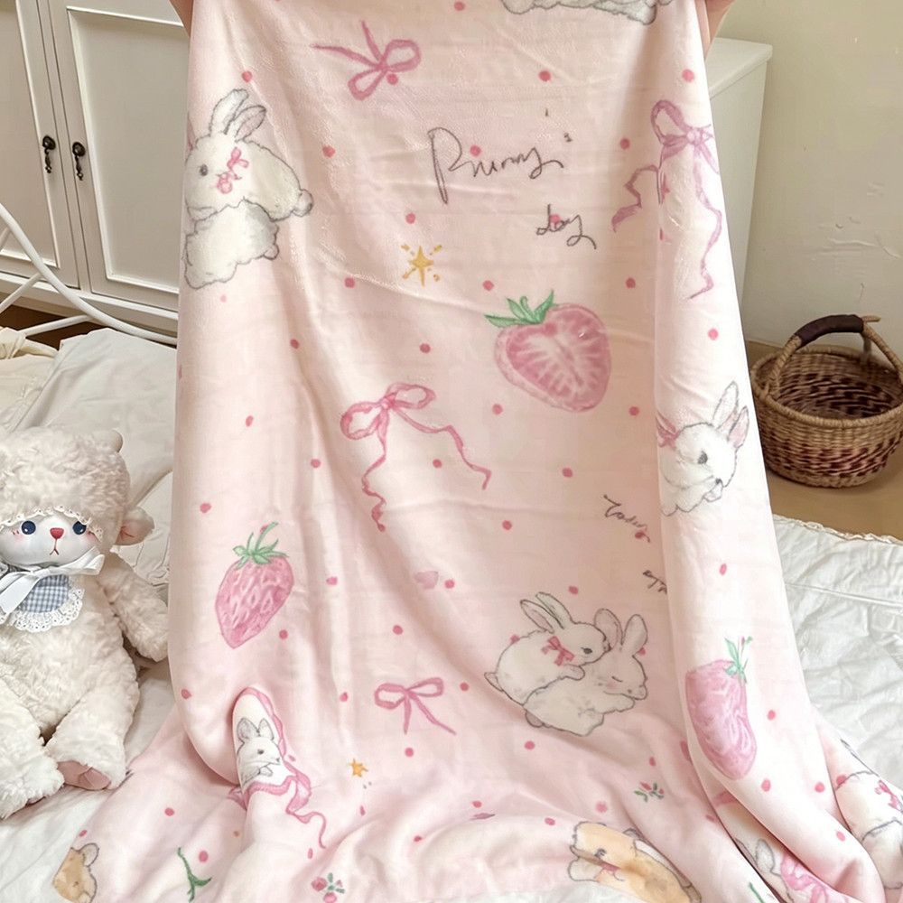 Cute Bunny and Strawberry-Themed Ultra Soft Fleece Blanket