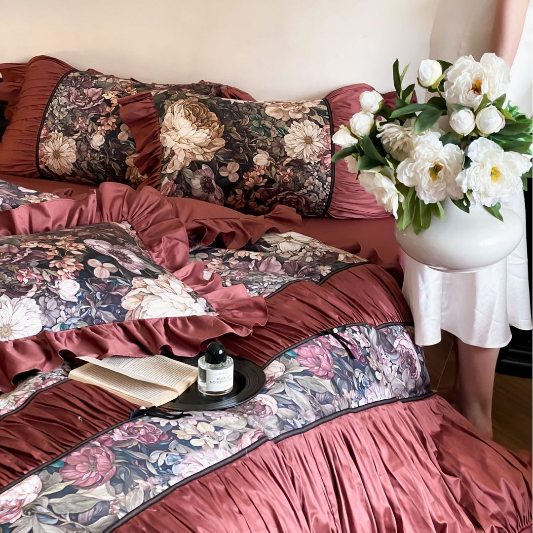 Romantic cotton satin bedding set with ruffles, quilted bedspread and decorative pillow