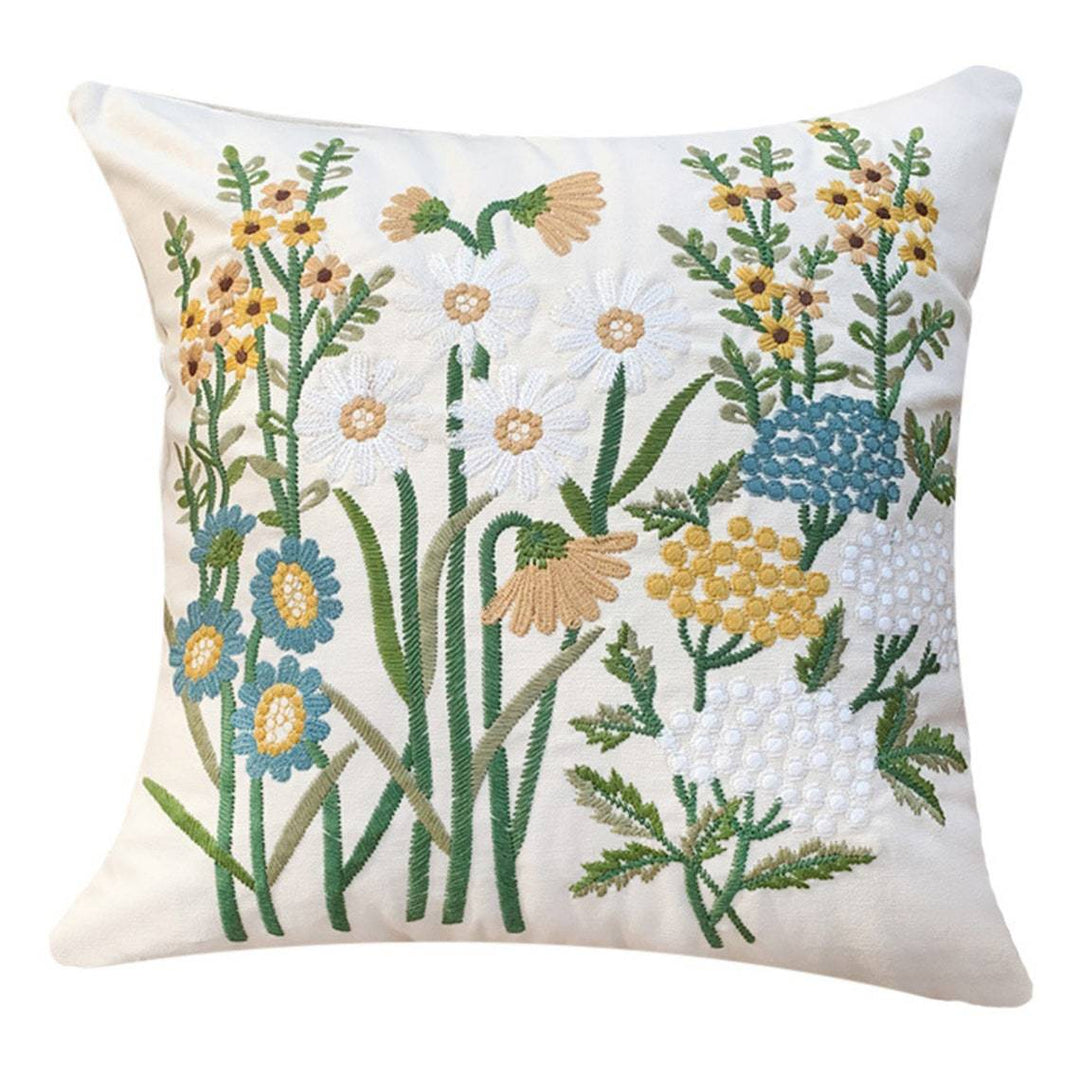 Square cushion cover with hand-embroidered wildflower relief, linen-cotton blend and concealed zipper Stornfield