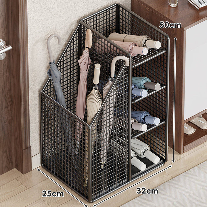Metal Mesh Entryway Umbrella Stand with Vertical Compartments and Multi-Tier Rolled-Umbrella Shelves
