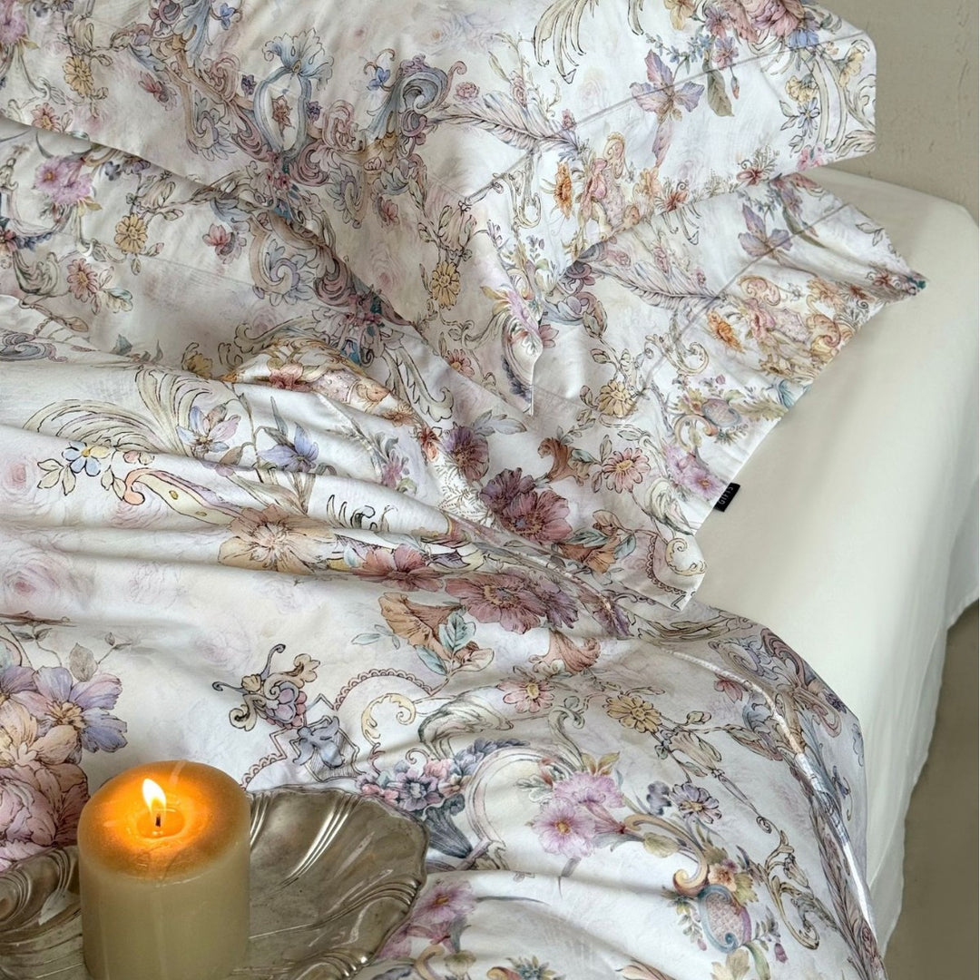 Vintage Floral Cotton Sateen Duvet Cover Set with Reversible Print and Envelope Closure