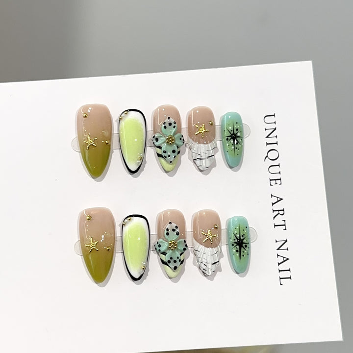 Artistic Press-On Nail Set with Floral and Gemstone Accents