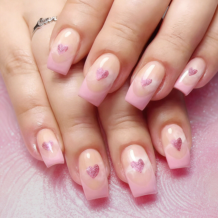 Heart-Embellished French Tip Acrylic Nails Stornfield