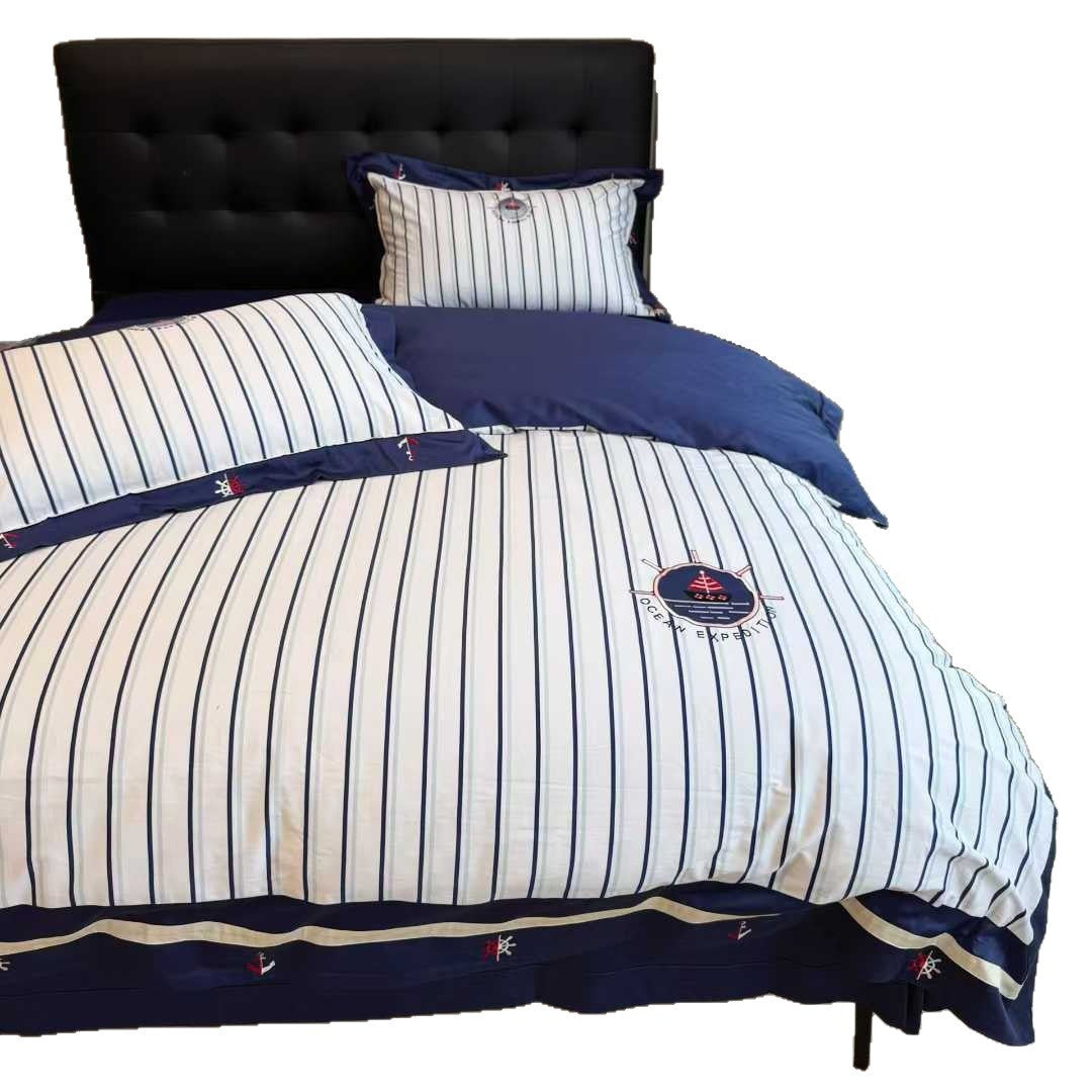 Striped Nautical Cotton Sateen Duvet Cover Set with Embroidered Anchor Details and Ruffled Bed Skirt