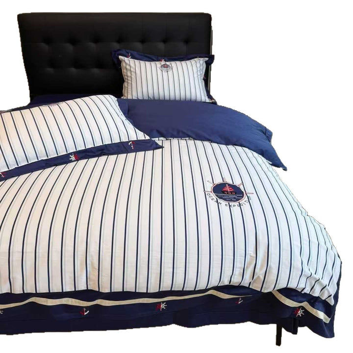 Striped Nautical Cotton Sateen Duvet Cover Set with Embroidered Anchor Details and Ruffled Bed Skirt
