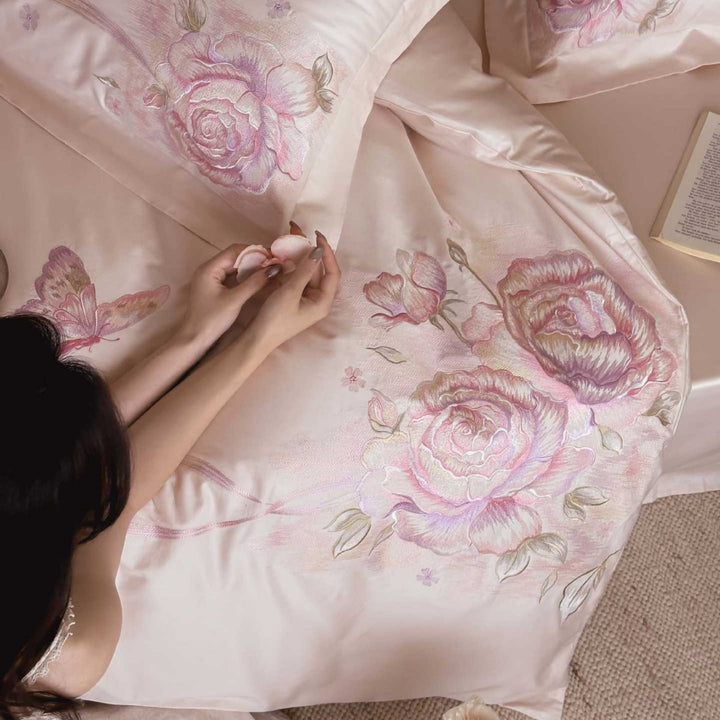 Luxury Silk-Feel Floral Embroidered Duvet Cover & Pillow Sham Set