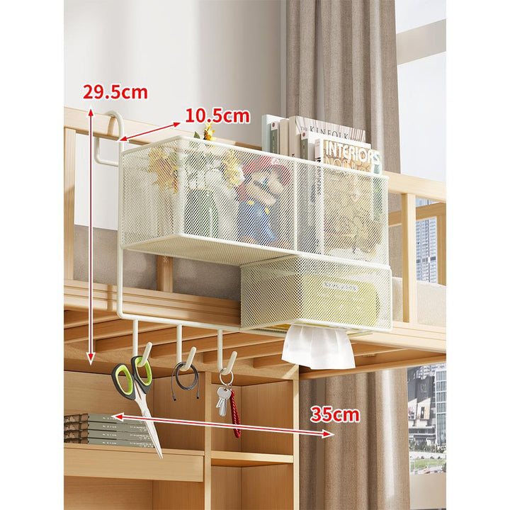 Loft Bed Under-Rail Metal Mesh Organizer with Tissue Box Drawer and Multi Hooks