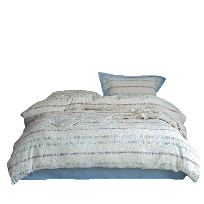 Textured Quilted Duvet Cover Set with Striped Woven Panel and Envelope Shams