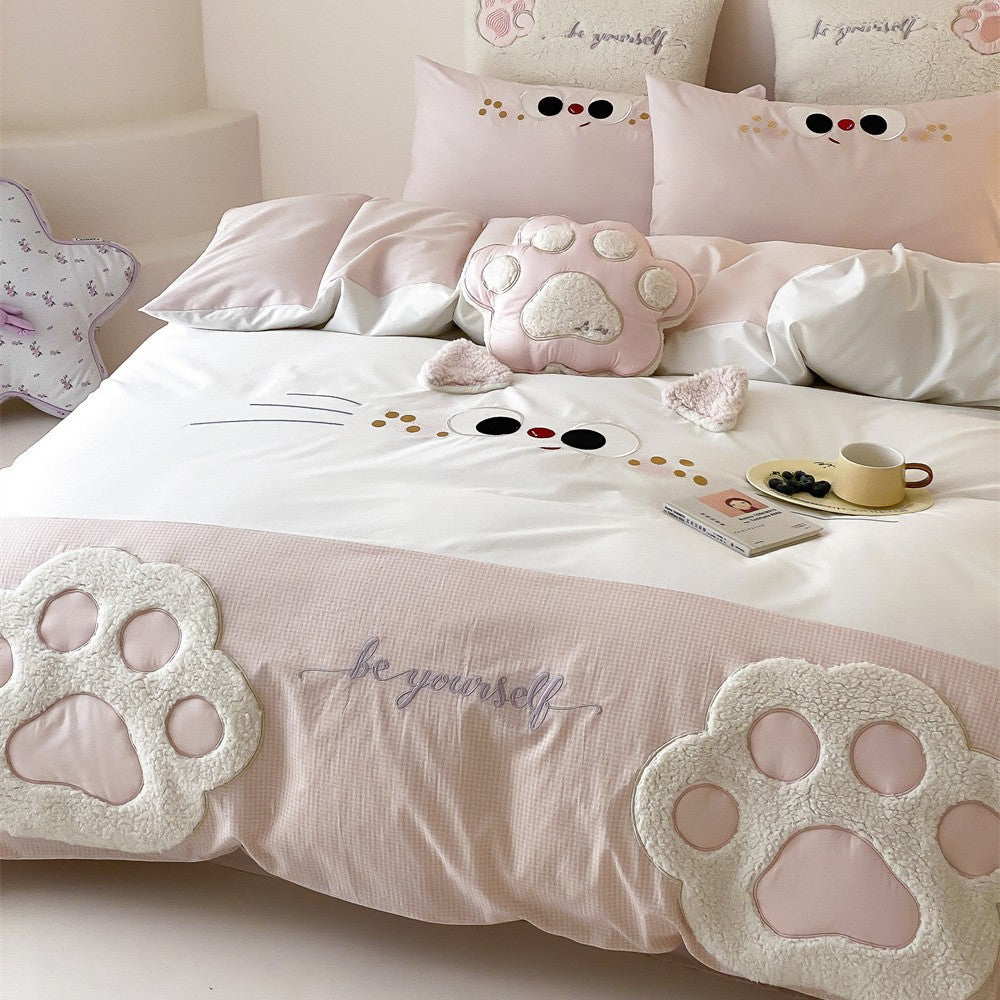 Whimsical Cat-Face Duvet Cover Set with Paw-Shaped Plush Accent Pillow