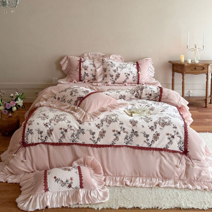 Romantic Floral Ruffled Duvet Cover & Decorative Sham Bedding Set