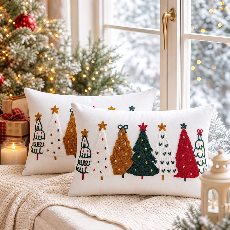 Festive Embroidered Christmas Throw Pillow Cover with Tufted Tree Appliqué