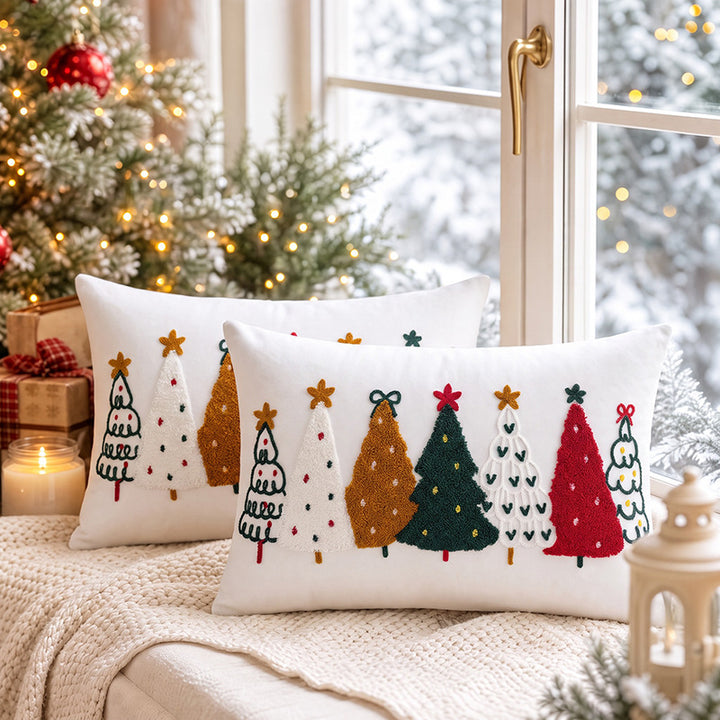 Festive Embroidered Christmas Throw Pillow Cover with Tufted Tree Appliqué