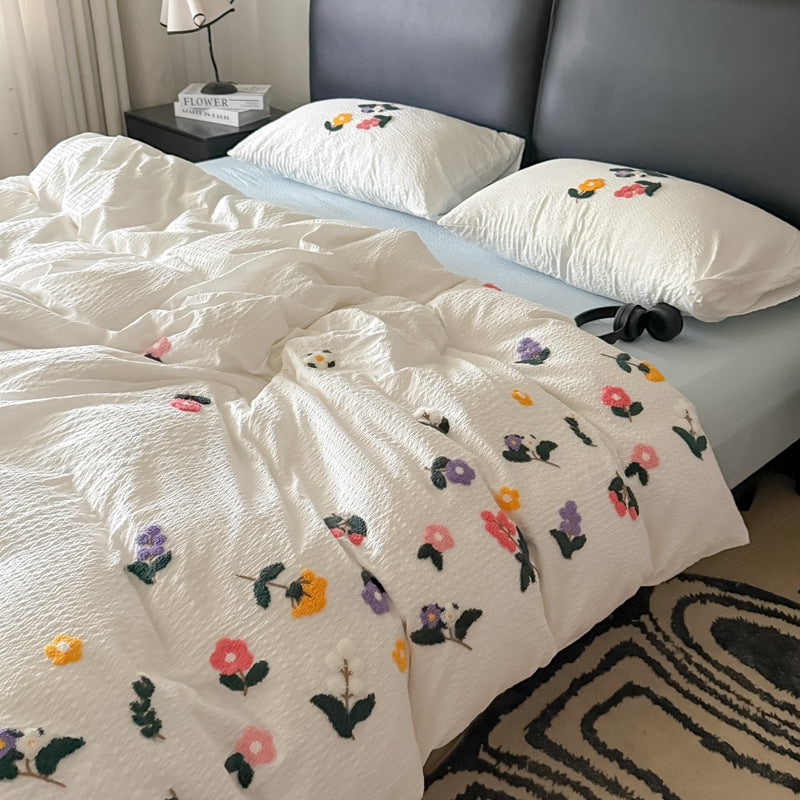 Textured Embroidered Floral Duvet Cover Set with Tufted Appliqué