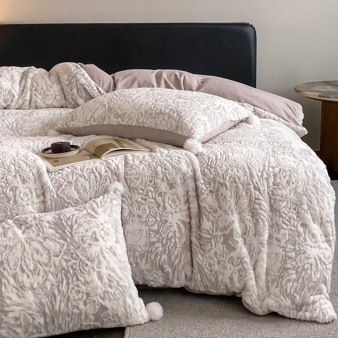 Plush Embossed Floral Sherpa Duvet Cover Set with Pom-Pom Trim