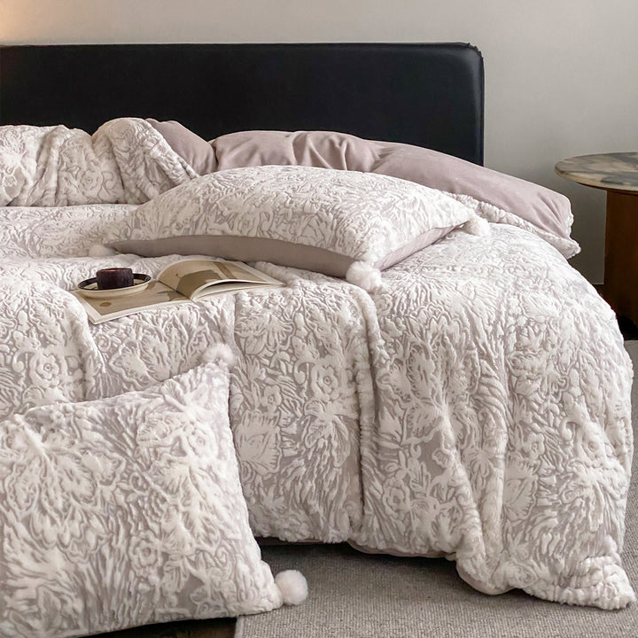Plush Embossed Floral Sherpa Duvet Cover Set with Pom-Pom Trim