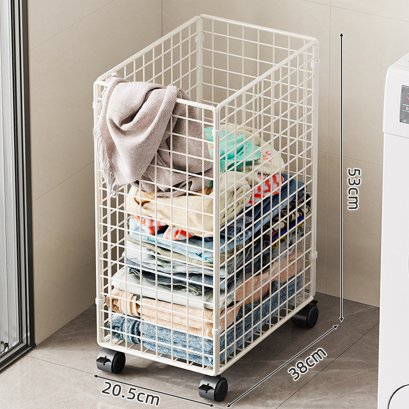 Tall Rolling Metal Laundry Basket with Vertical Slats and Swivel Casters