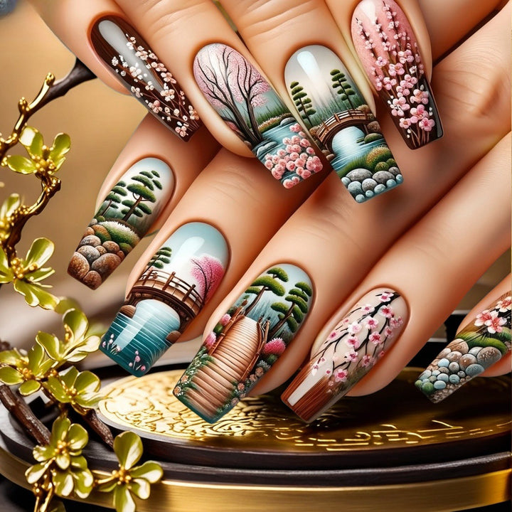 Creative artificial nails in Asian Cherry Blossom Design Stornfield