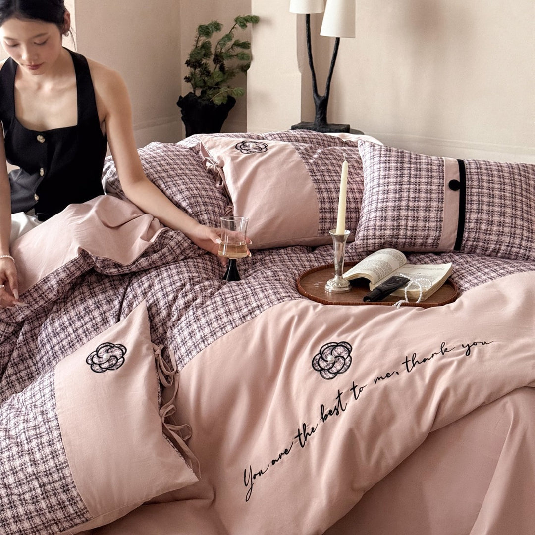Reversible Plaid Cotton Sateen Duvet Cover Set with Embroidered Floral Appliqué & Tie Closures