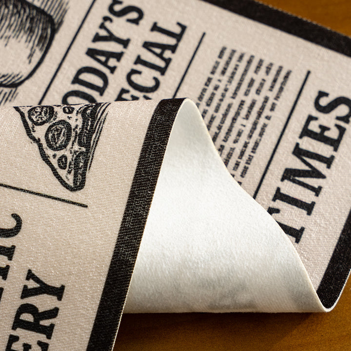 Kitchen runner rug in retro food newspaper print