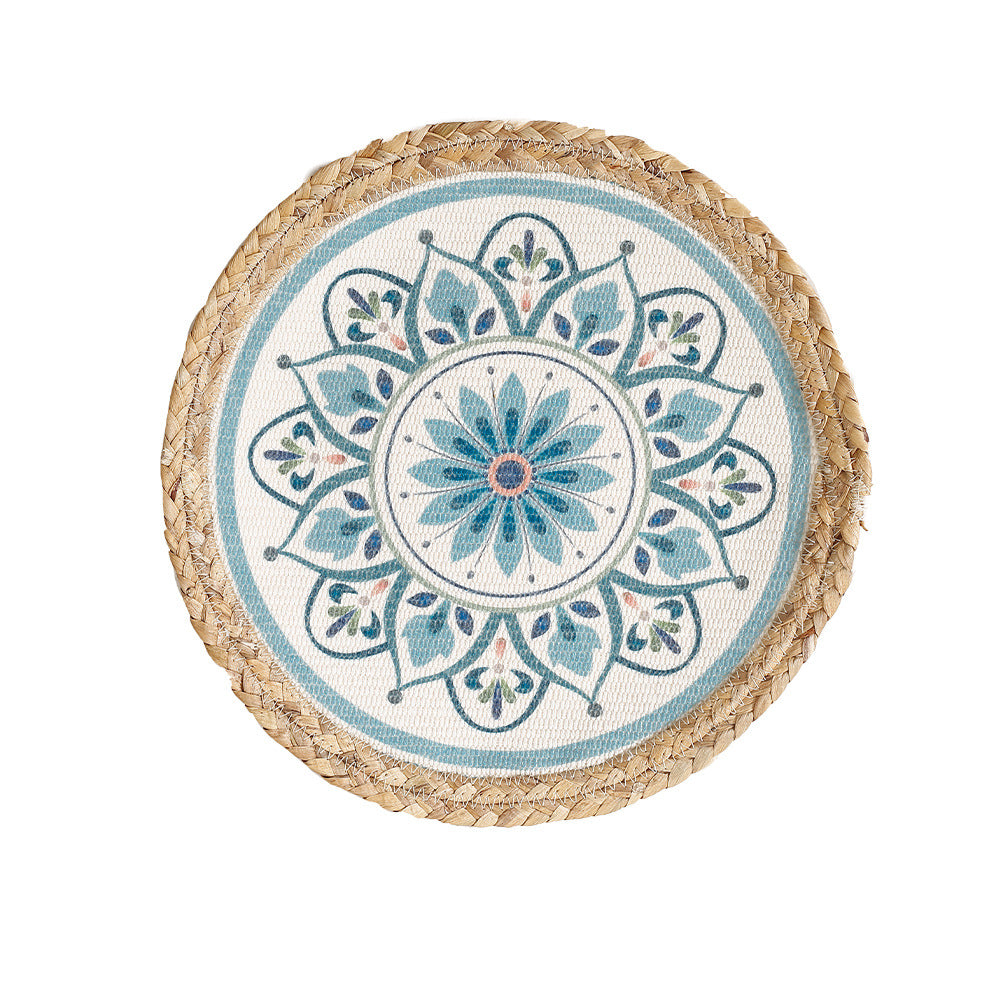 Beef seat pouf with mandala print, woven surface and braided jute edge