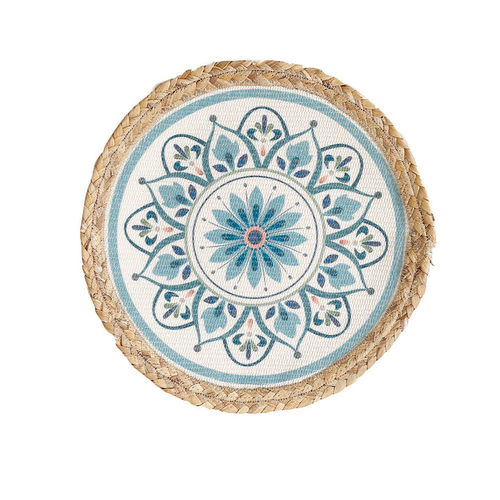 Beef seat pouf with mandala print, woven surface and braided jute edge