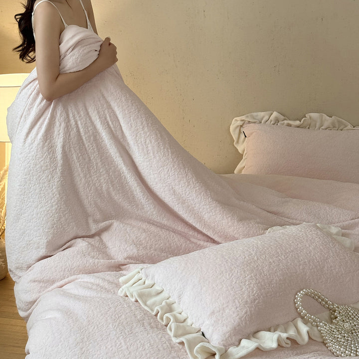Quilted Floral-Embossed Cotton Duvet Cover Set with Ruffle-Trim Pillow Shams & Reversible Lightweight Layer
