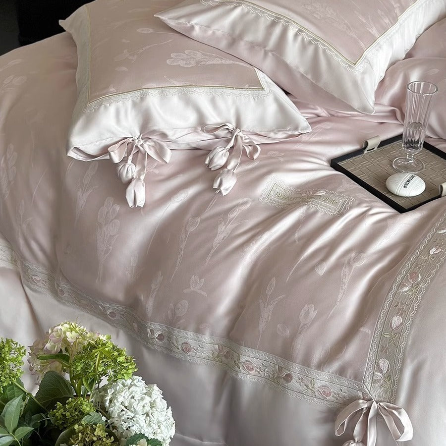 Premium Silk-Blend Floral Embroidered Bedding Ensemble with Bolster and Tie-Trim Pillow Shams