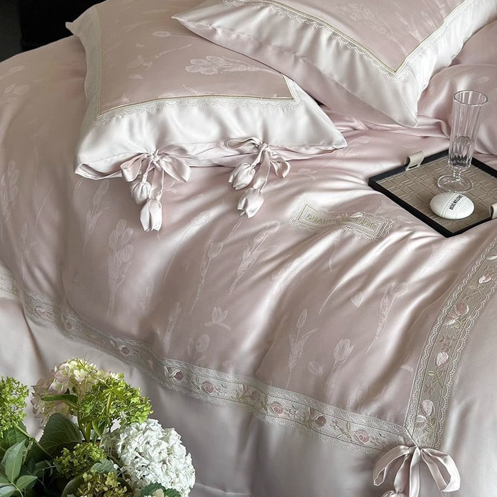 Premium Silk-Blend Floral Embroidered Bedding Ensemble with Bolster and Tie-Trim Pillow Shams