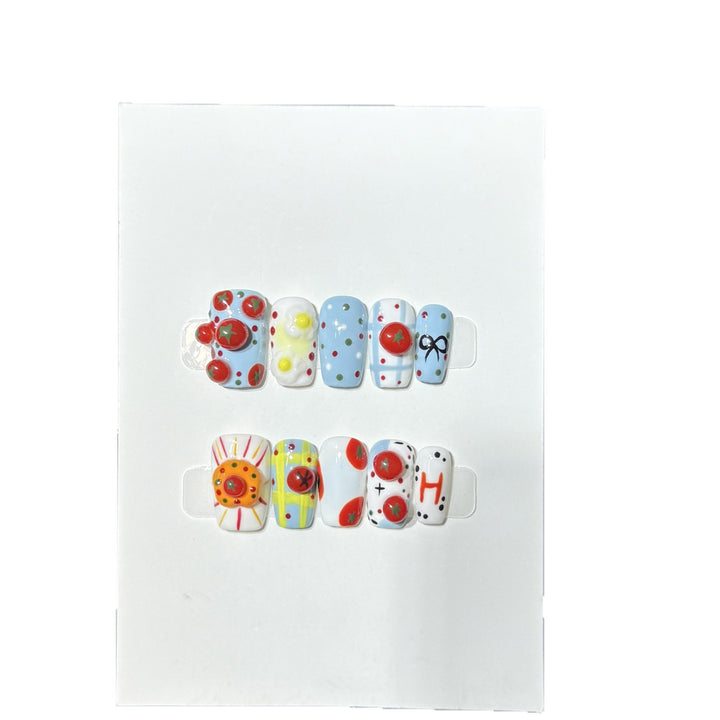 Artistic Press-On Nail Set with Playful Floral and Polka Dot Designs Stornfield