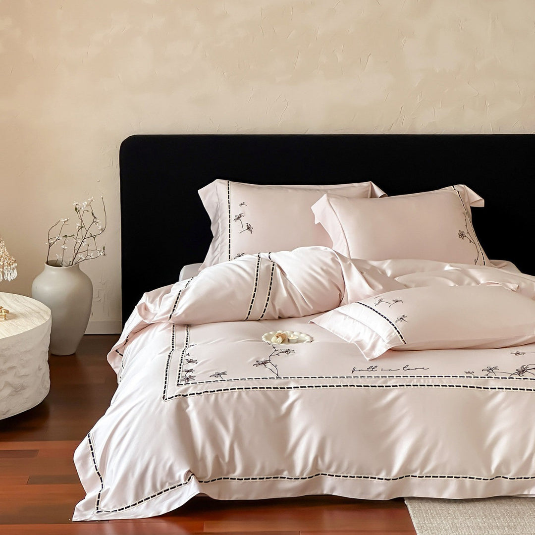 Embroidered Luxury Satin Duvet Cover Set with Decorative Pillow Shams
