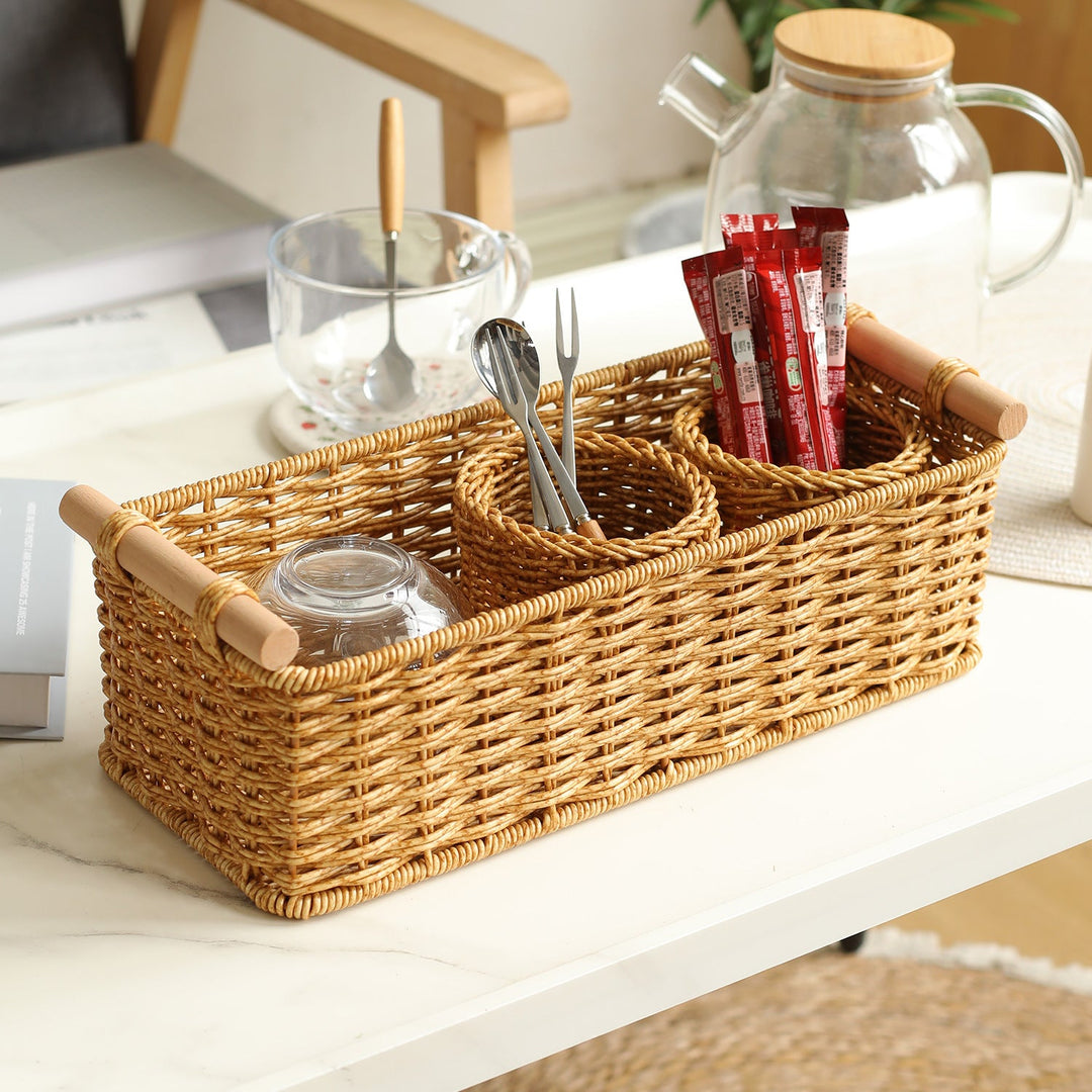Rectangular Woven Storage Basket with Wooden Handles Stornfield