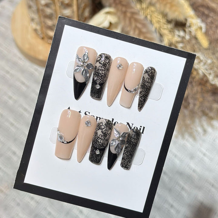 Artistic Stiletto Press-On Nail Set with Floral and Geometric Accents Stornfield