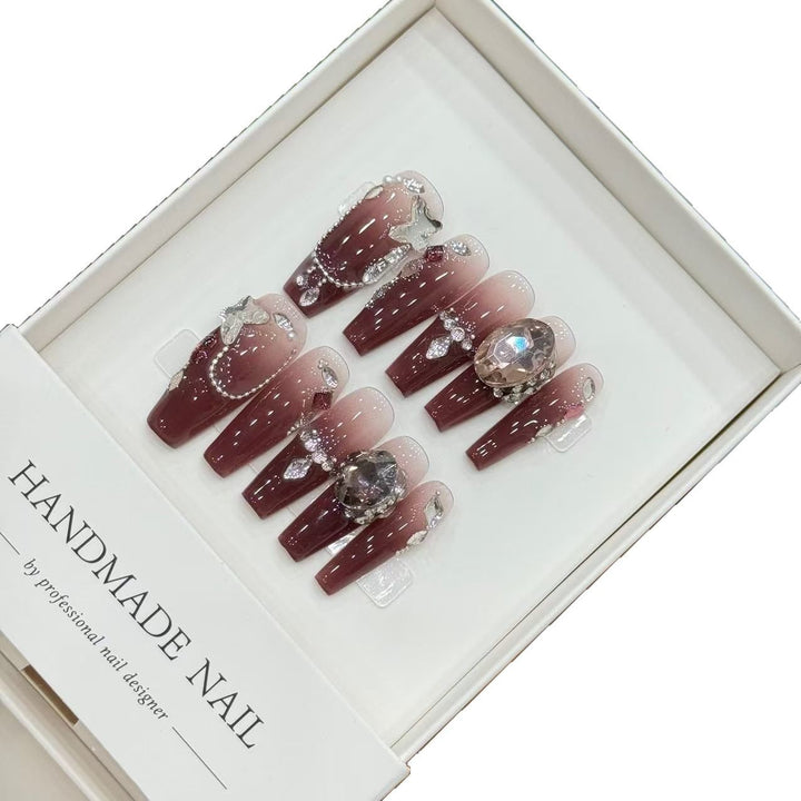 Premium Handmade Press-On Nail Art Set with Glittering Gem Accents