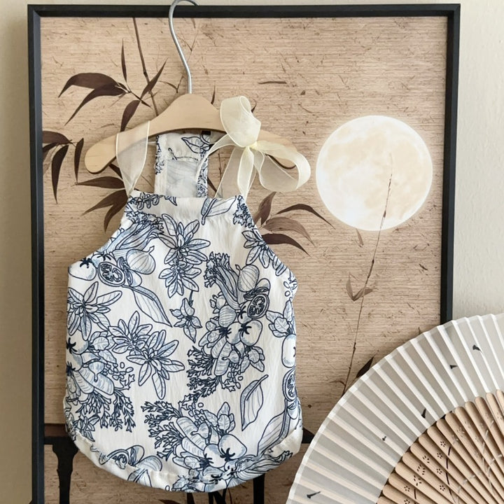 Floral Cotton Baby Halter Romper with Sheer Ribbon Shoulder Ties