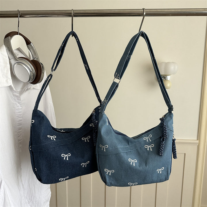 Embroidered Denim Shoulder Bag