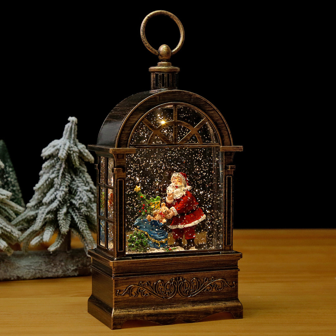 Nostalgic Christmas lantern with snowfall and moving Santa Claus scene Stornfield