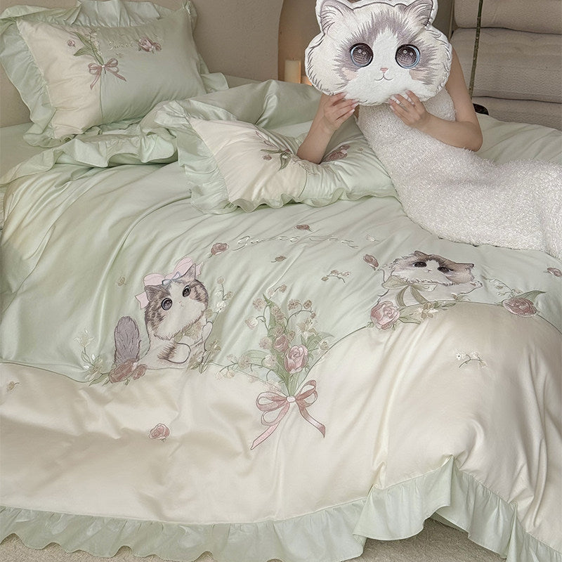 Ruffled Embroidered Cotton Sateen Cat-Motif Duvet Cover Set