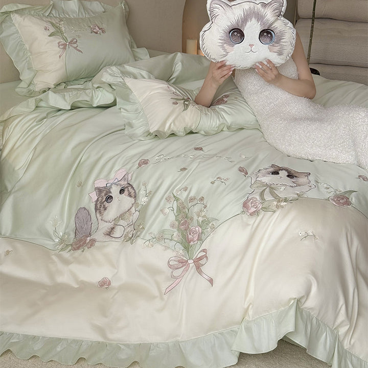Ruffled Embroidered Cotton Sateen Cat-Motif Duvet Cover Set