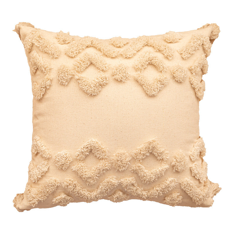 Textured Tufted Boho Shag Accent Throw Pillow with Tasseled Corners and Removable Cover