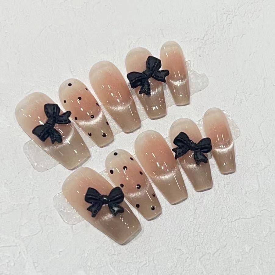 Stylish Long Press-On Nail Set with Bow Accents Stornfield