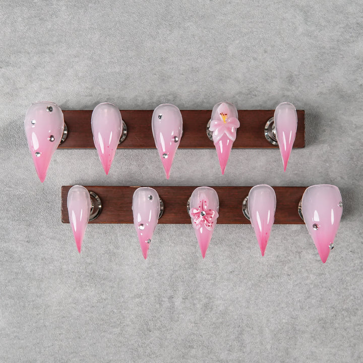 Artistic Stiletto Press-On Nails with Floral and Gem Accents