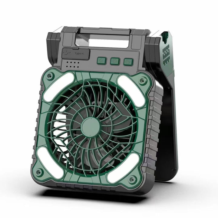 Unisex portable battery fan with LED work light power bank function and foldable handle Stornfield