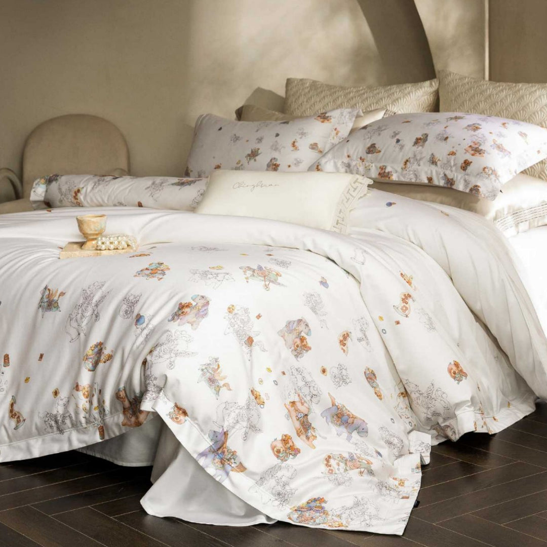Whimsical Illustrated Cotton Sateen Duvet Cover & Pillowcase Set