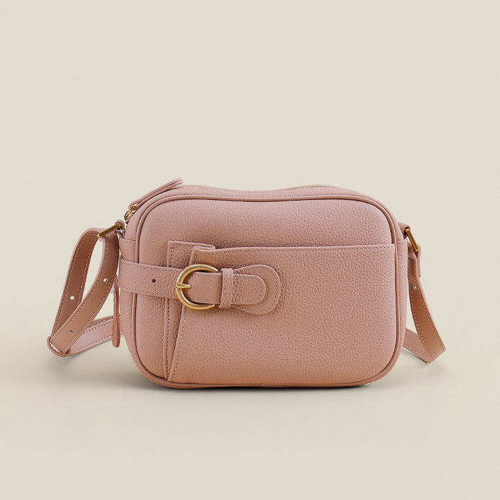 Pebbled Vegan Leather Camera Crossbody Bag with Decorative Buckle & Front Slip Pocket