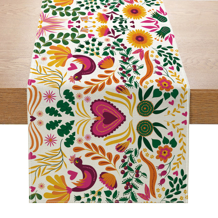 Folk Floral Table Runner Cotton-Blend Decorative Table Linen