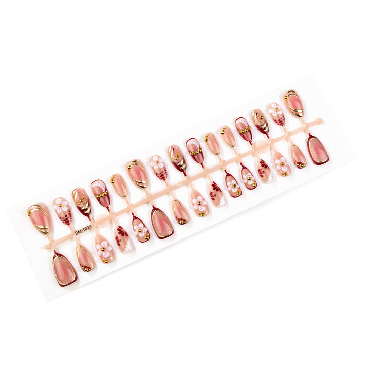 Artistic Press-On Nail Art Set with Floral and Gold Details Stornfield
