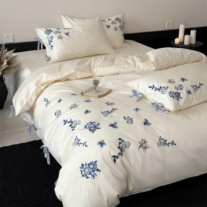 Embroidered Floral Cotton Sateen Duvet Cover Set with Tie Closures