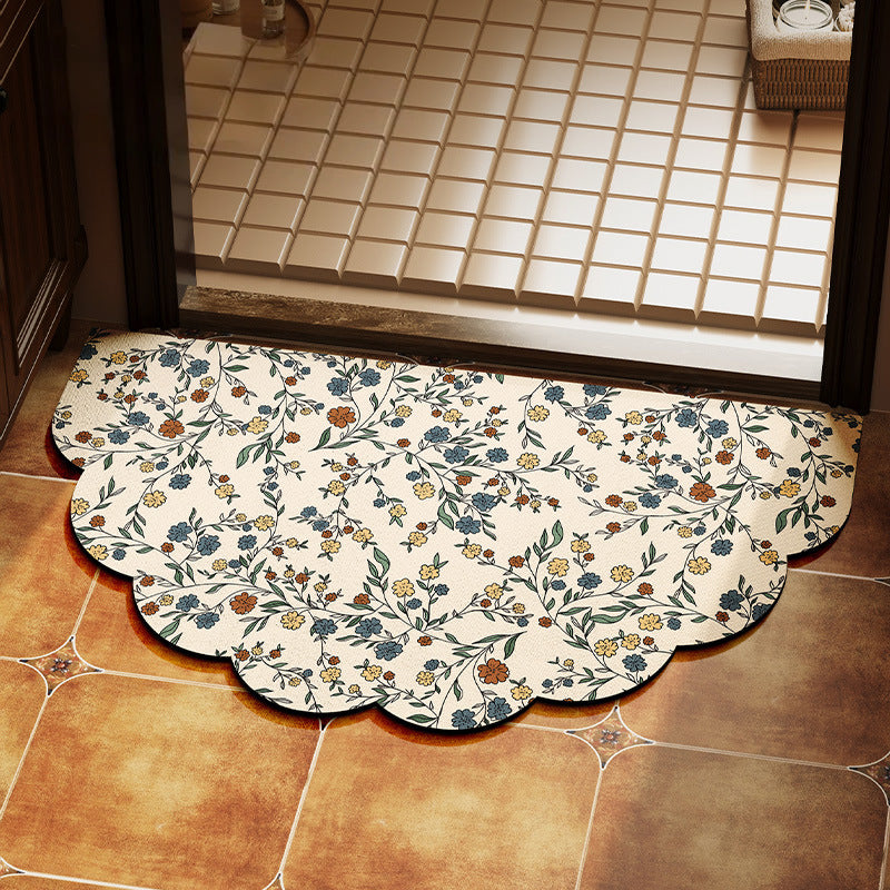 Floral Pattern Scalloped Bath Mat for Bathroom