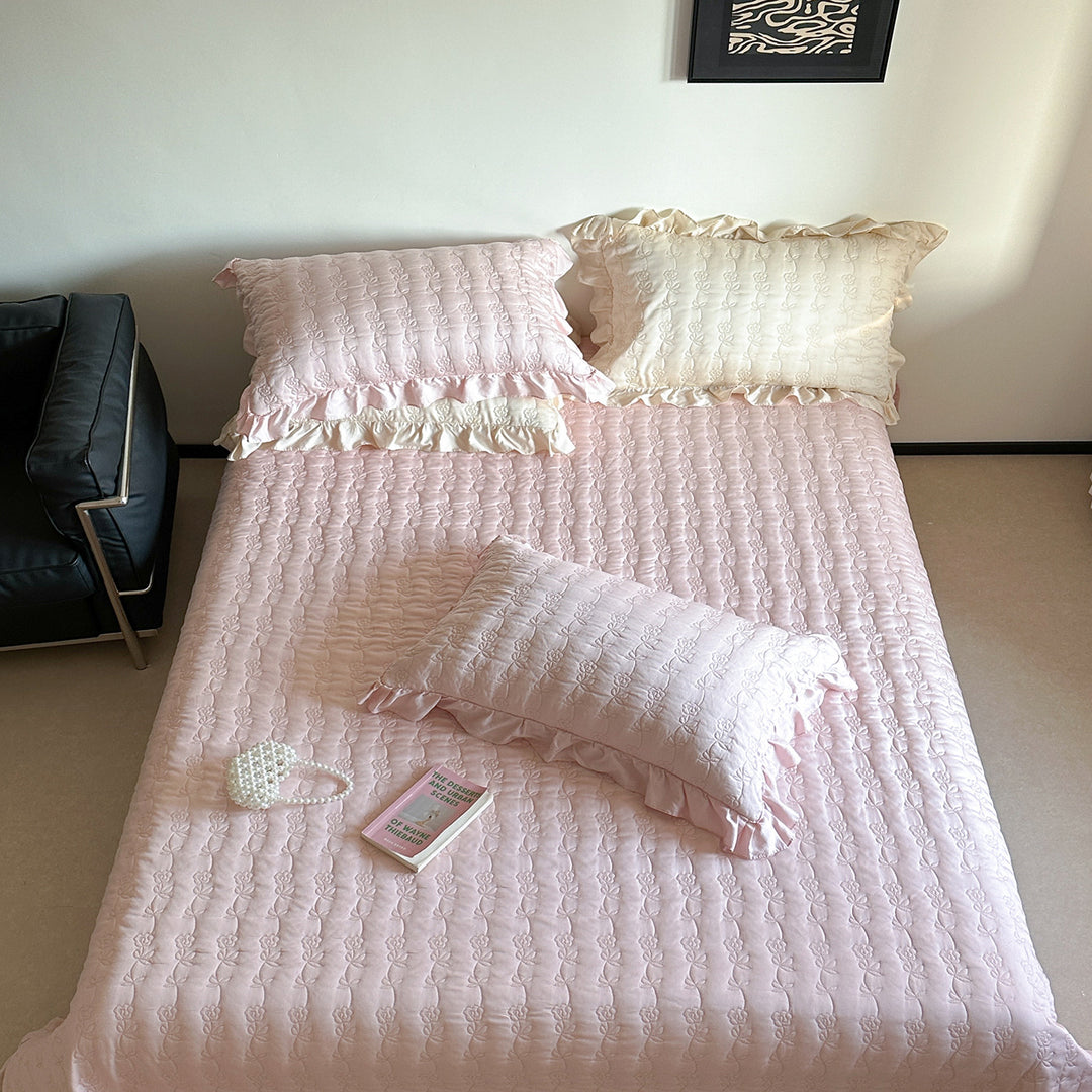 Quilted Floral Embroidered Bedspread Set with Ruffle Pillow Shams