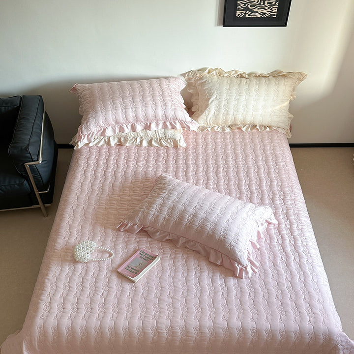 Quilted Floral Embroidered Bedspread Set with Ruffle Pillow Shams